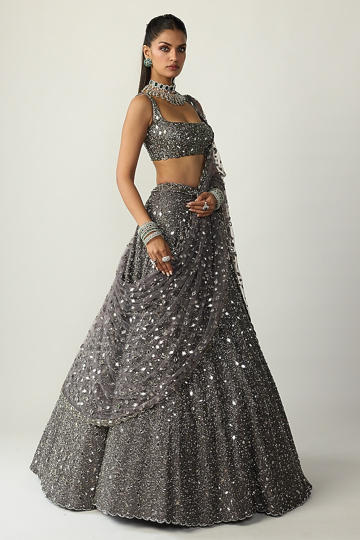 Metallic Grey Organza Bridal Lehenga Set by Vvani By Vani Vats at Pernia's Pop Up Shop