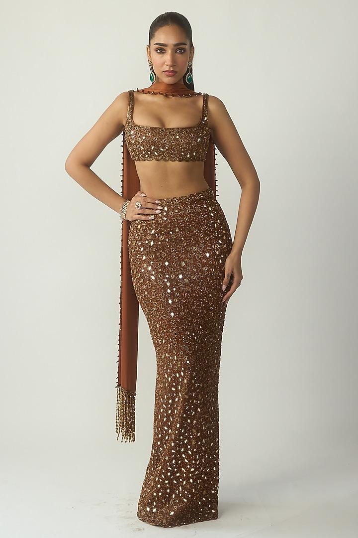 Metallic Copper Net Pencil Skirt Set by Vvani By Vani Vats at Pernia's Pop Up Shop