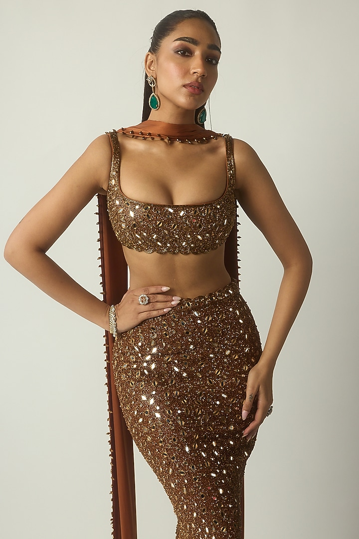 Metallic Copper Net Pencil Skirt Set by Vvani By Vani Vats at Pernia's Pop Up Shop
