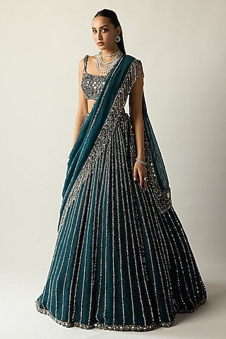 Dark Teal Organza Hand Embroidered Lehenga Set by Vvani By Vani Vats