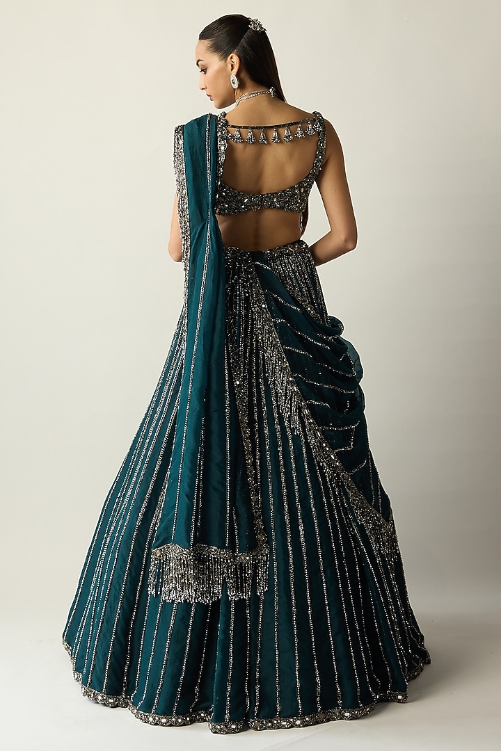 Dark Teal Organza Hand Embroidered Bridal Lehenga Set by Vvani By Vani Vats at Pernia's Pop Up Shop