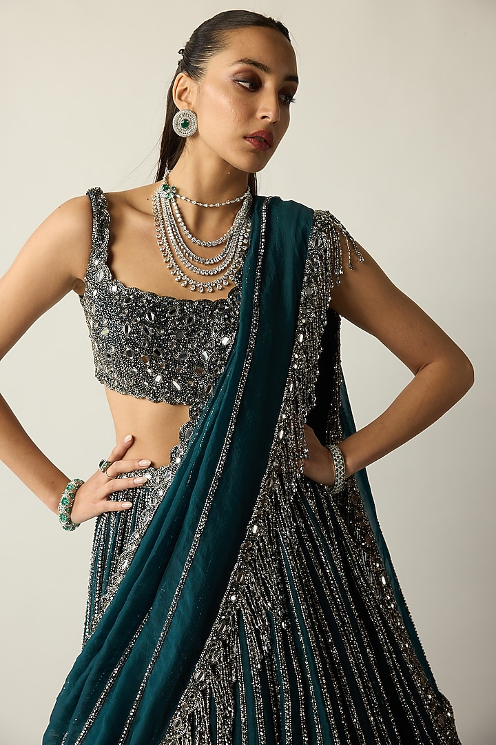 Dark Teal Organza Hand Embroidered Bridal Lehenga Set by Vvani By Vani Vats at Pernia's Pop Up Shop