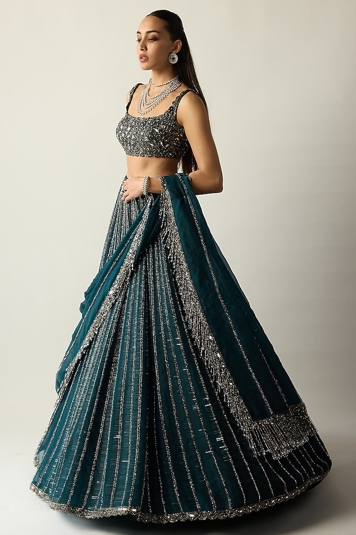 Dark Teal Organza Hand Embroidered Bridal Lehenga Set by Vvani By Vani Vats at Pernia's Pop Up Shop