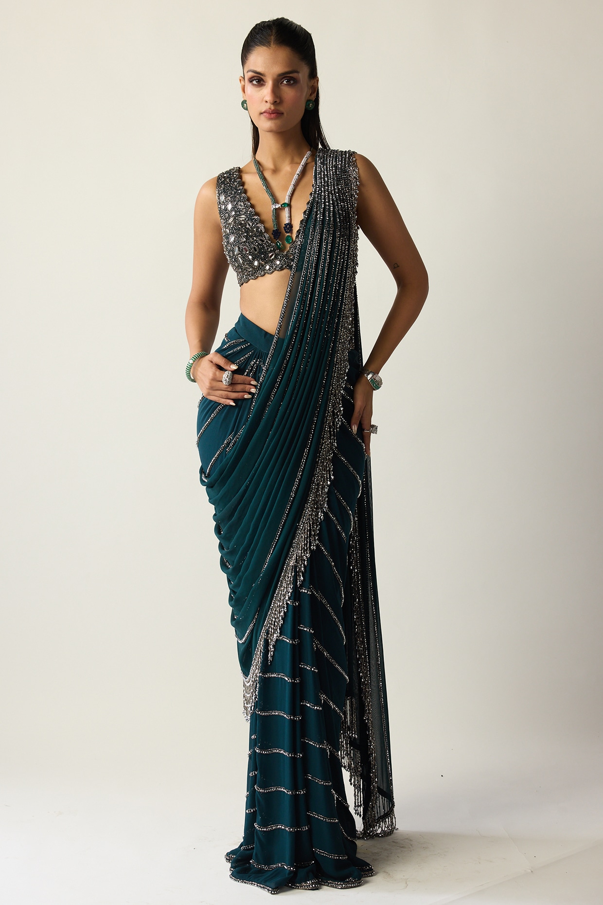 Vvani By Vani Vats Dark Teal Georgette Silver Tassels Draped Saree Set