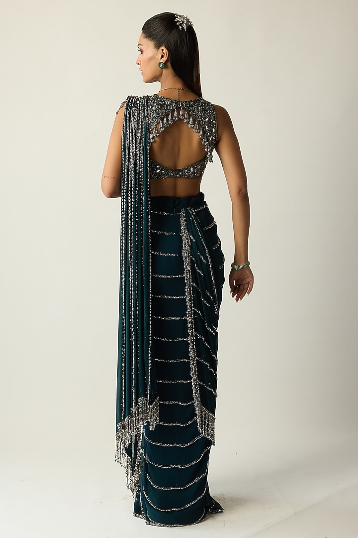 Dark Teal Georgette Silver Tassels Draped Reception Saree Set by Vvani By Vani Vats at Pernia's Pop Up Shop