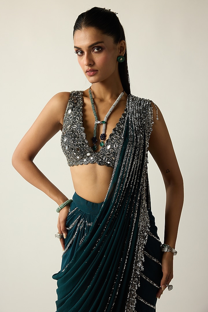 Dark Teal Georgette Silver Tassels Draped Reception Saree Set by Vvani By Vani Vats at Pernia's Pop Up Shop