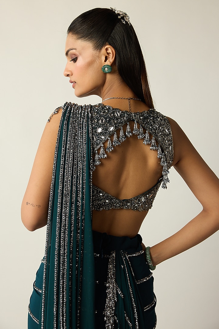 Dark Teal Georgette Silver Tassels Draped Reception Saree Set by Vvani By Vani Vats at Pernia's Pop Up Shop