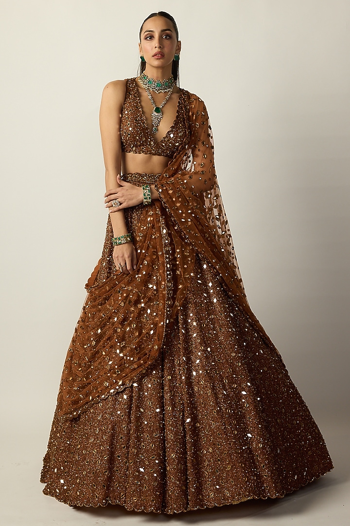 Metallic Copper Organza Embroidered Bridal Lehenga Set by Vvani By Vani Vats at Pernia's Pop Up Shop