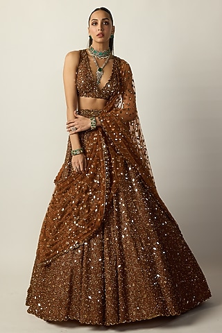 Metallic Copper Organza Embroidered Lehenga Set by Vvani By Vani Vats