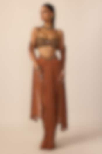 Metallic Copper Georgette Embroidered Skirt Set by Vvani By Vani Vats at Pernia's Pop Up Shop