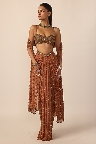 Metallic Copper Georgette Embroidered Skirt Set by Vvani By Vani Vats