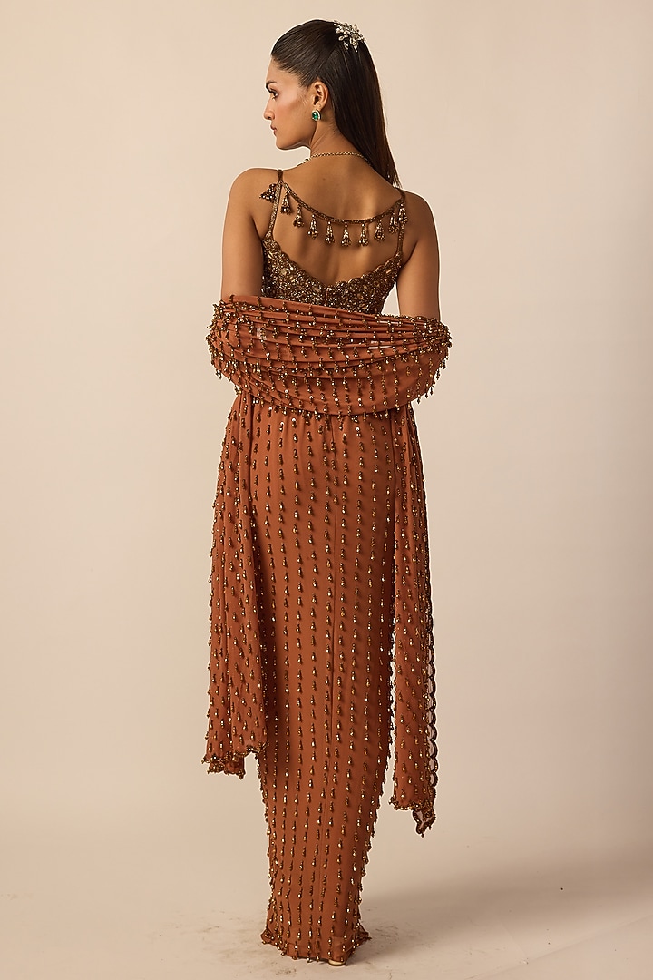 Metallic Copper Georgette Embroidered Skirt Set by Vvani By Vani Vats at Pernia's Pop Up Shop