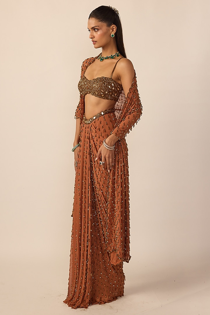 Metallic Copper Georgette Embroidered Skirt Set by Vvani By Vani Vats at Pernia's Pop Up Shop