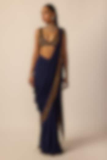 Deep Blue Georgette Silver Tassels Draped Reception Saree Set by Vvani By Vani Vats at Pernia's Pop Up Shop