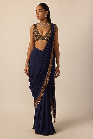 Deep Blue Georgette Silver Tassels Draped Saree Set by Vvani By Vani Vats