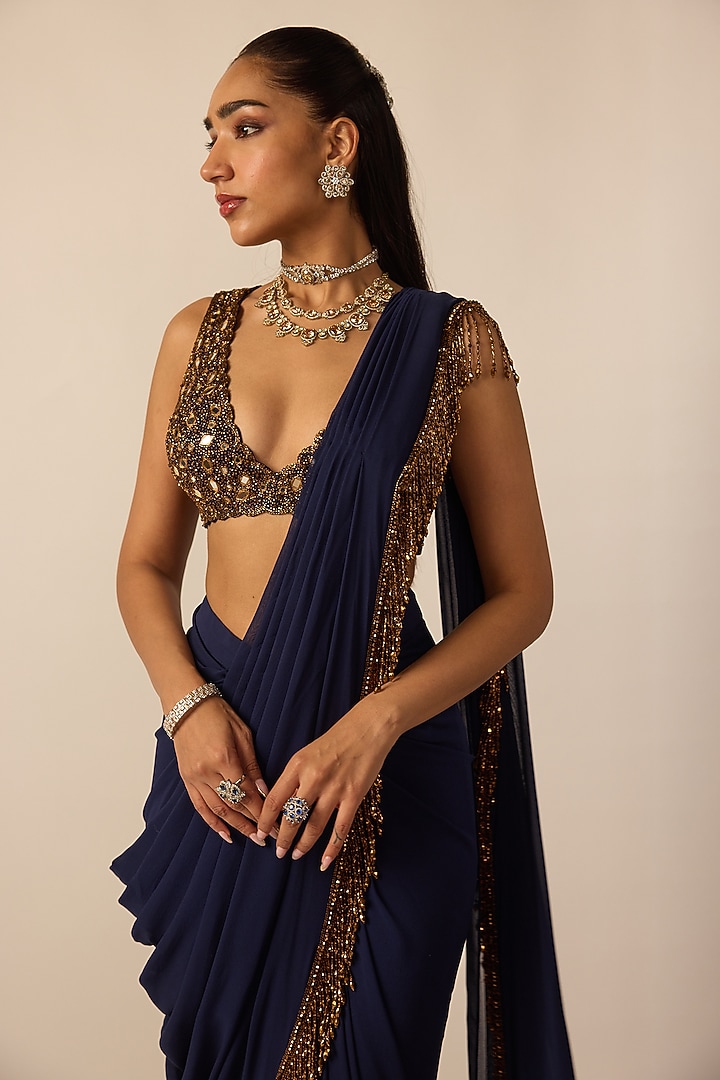 Deep Blue Georgette Silver Tassels Draped Reception Saree Set by Vvani By Vani Vats at Pernia's Pop Up Shop