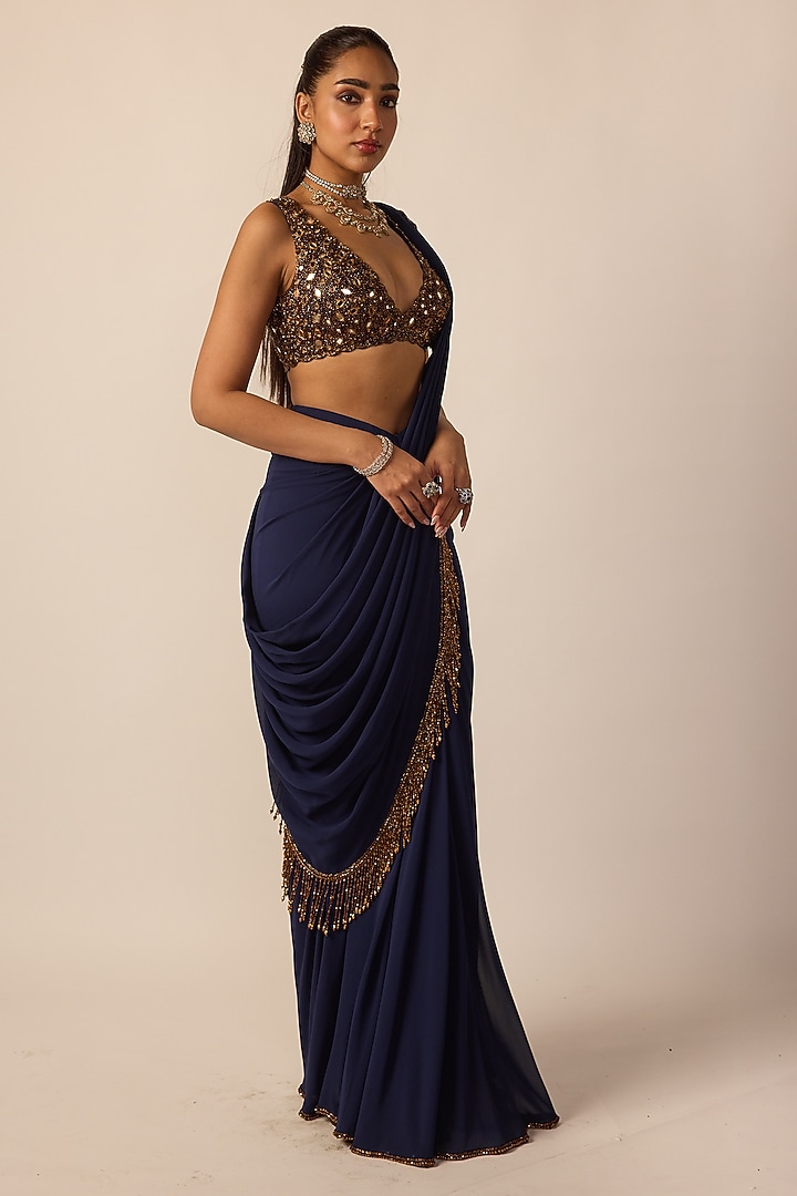Deep Blue Georgette Silver Tassels Draped Reception Saree Set by Vvani By Vani Vats at Pernia's Pop Up Shop