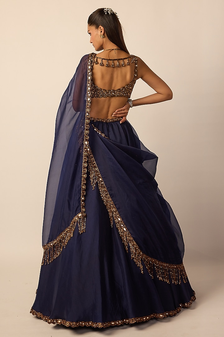 Deep Blue Organza Embroidered Wedding Lehenga Set by Vvani By Vani Vats at Pernia's Pop Up Shop