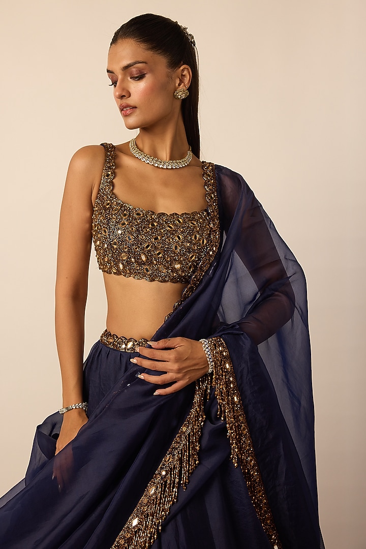 Deep Blue Organza Embroidered Wedding Lehenga Set by Vvani By Vani Vats at Pernia's Pop Up Shop