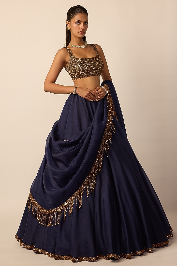Deep Blue Organza Embroidered Wedding Lehenga Set by Vvani By Vani Vats at Pernia's Pop Up Shop