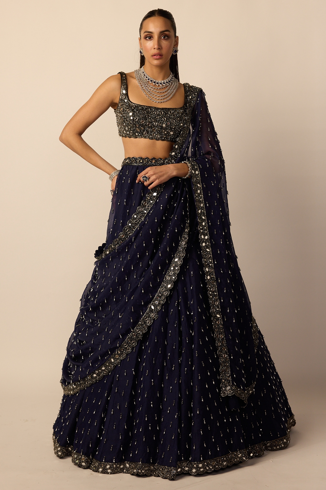 Vvani By Vani Vats Deep Blue Organza Embroidered Lehenga Set