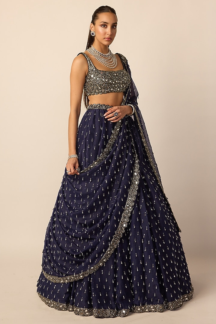 Deep Blue Organza Embroidered Bridal Lehenga Set by Vvani By Vani Vats at Pernia's Pop Up Shop
