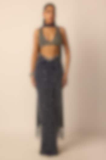 Deep Blue Georgette Draped Skirt Set by Vvani By Vani Vats at Pernia's Pop Up Shop