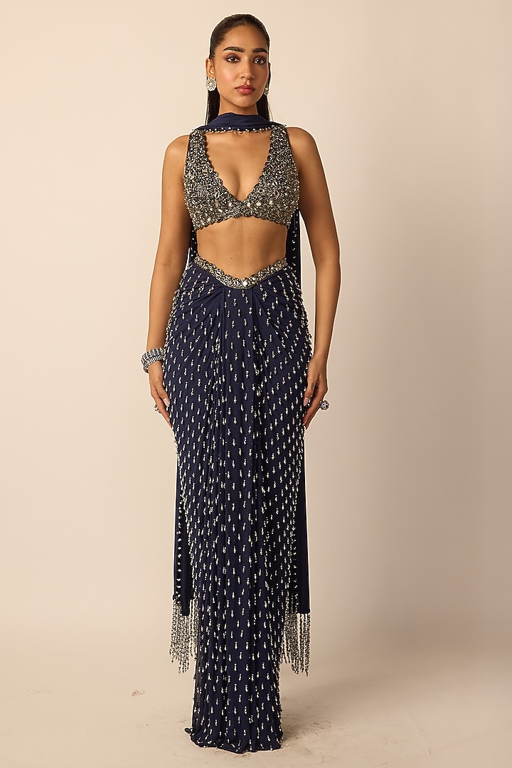 Deep Blue Georgette Draped Skirt Set by Vvani By Vani Vats at Pernia's Pop Up Shop