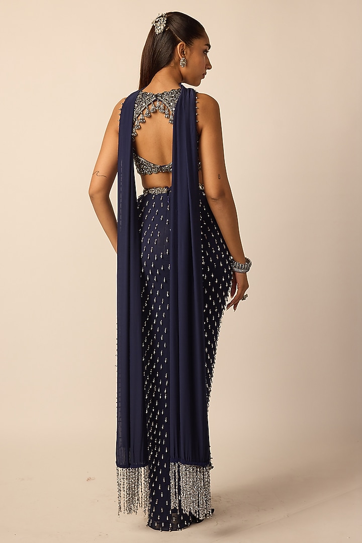 Deep Blue Georgette Draped Skirt Set by Vvani By Vani Vats at Pernia's Pop Up Shop