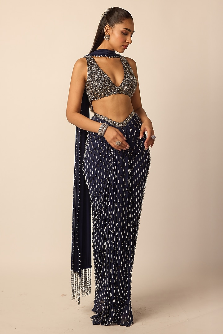 Deep Blue Georgette Draped Skirt Set by Vvani By Vani Vats at Pernia's Pop Up Shop