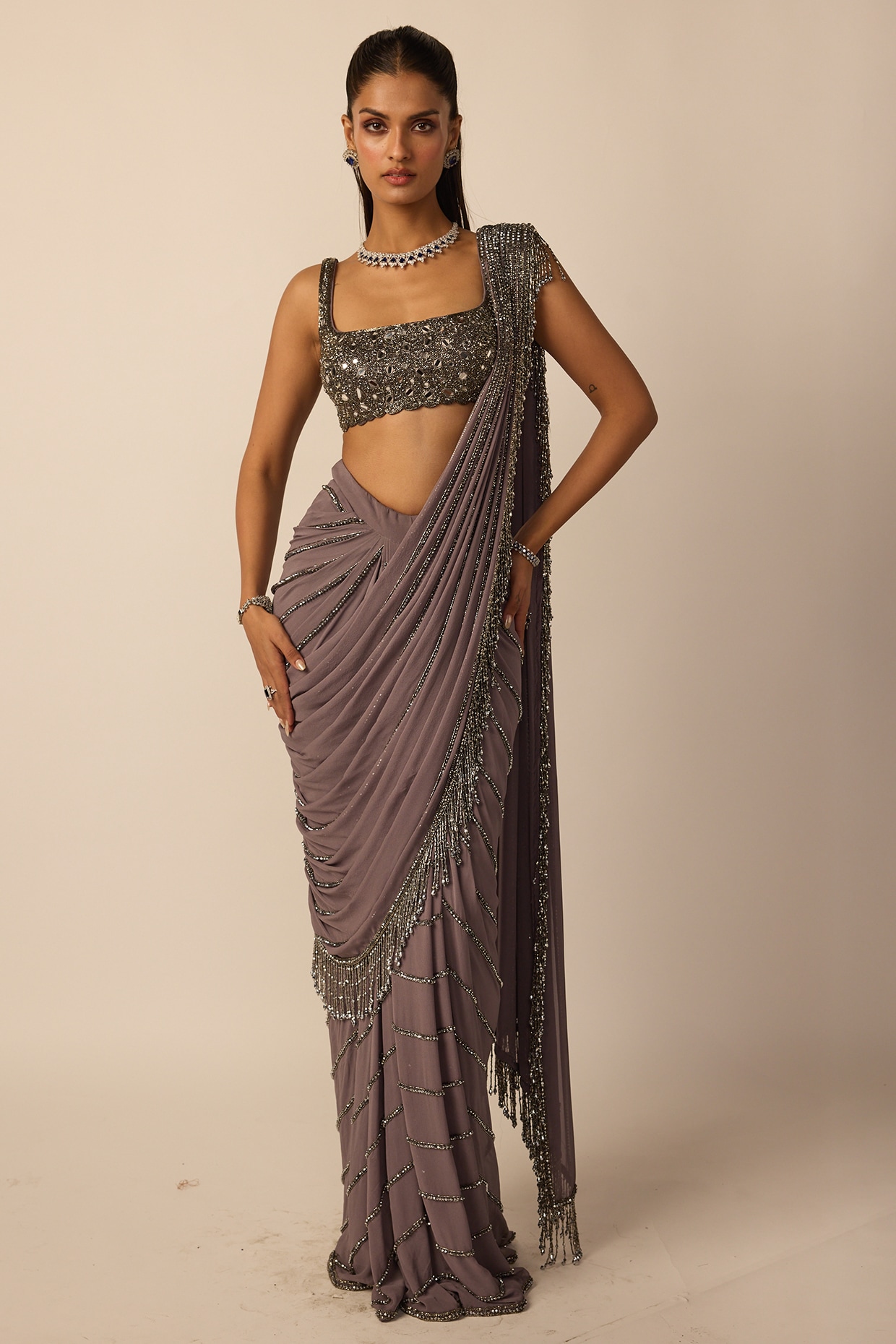Vvani By Vani Vats Metallic Grey Georgette Silver Tassels Draped Saree Set