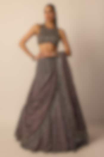 Metallic Grey Organza Linear Embroidered Bridal Lehenga Set by Vvani By Vani Vats at Pernia's Pop Up Shop