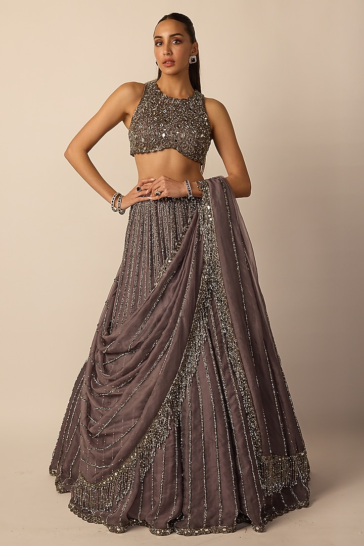 Metallic Grey Organza Linear Embroidered Bridal Lehenga Set by Vvani By Vani Vats at Pernia's Pop Up Shop