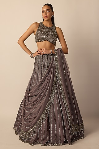 Metallic Grey Organza Linear Embroidered Lehenga Set by Vvani By Vani Vats
