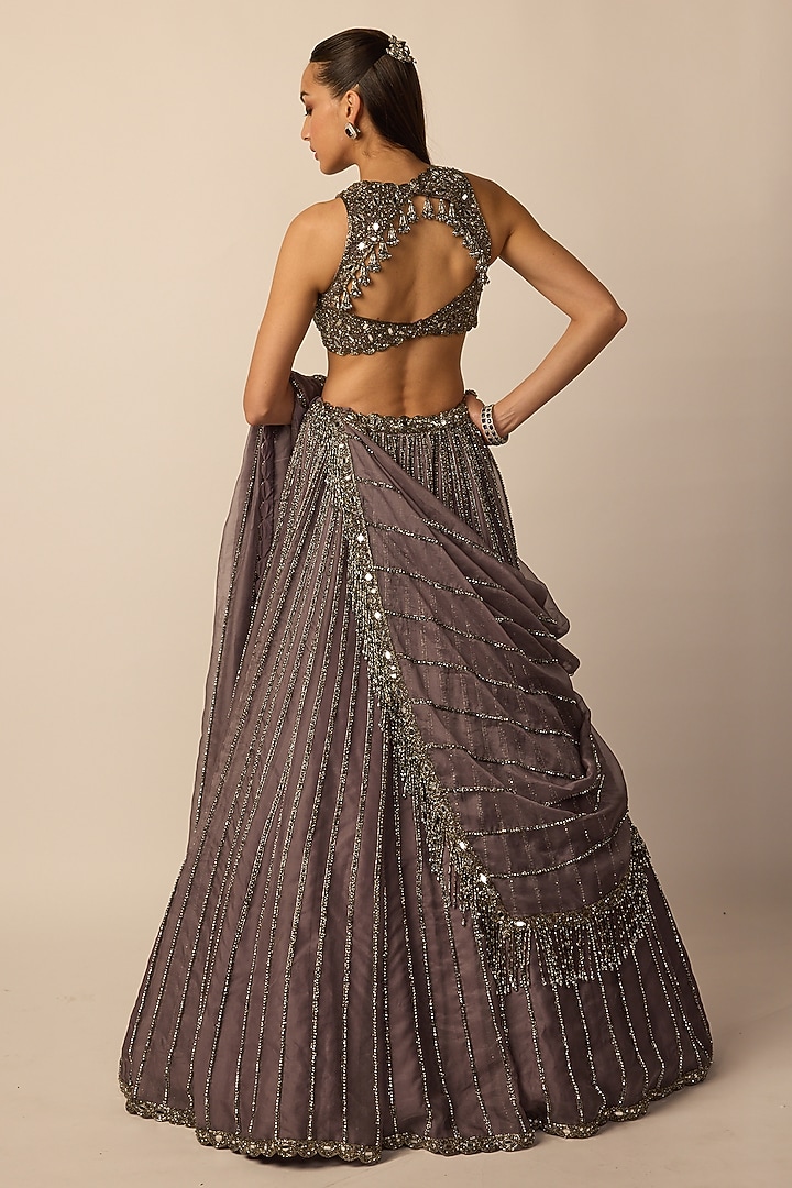 Metallic Grey Organza Linear Embroidered Bridal Lehenga Set by Vvani By Vani Vats at Pernia's Pop Up Shop