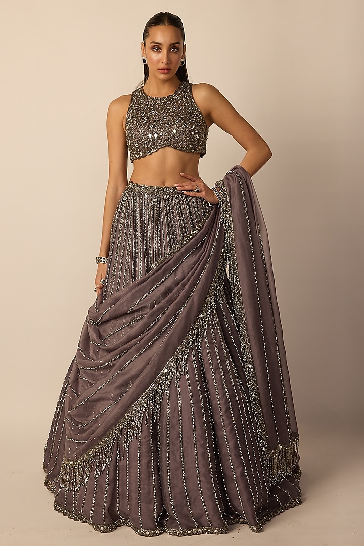 Metallic Grey Organza Linear Embroidered Bridal Lehenga Set by Vvani By Vani Vats at Pernia's Pop Up Shop