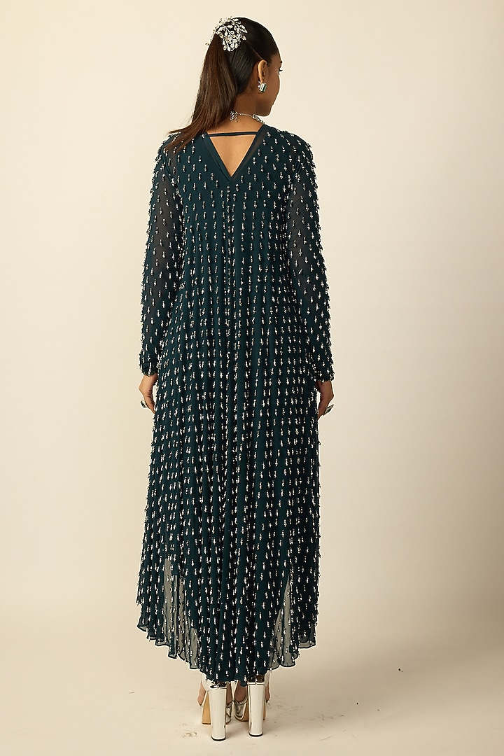 Dark Teal Georgette Kurta Set by Vvani By Vani Vats at Pernia's Pop Up Shop