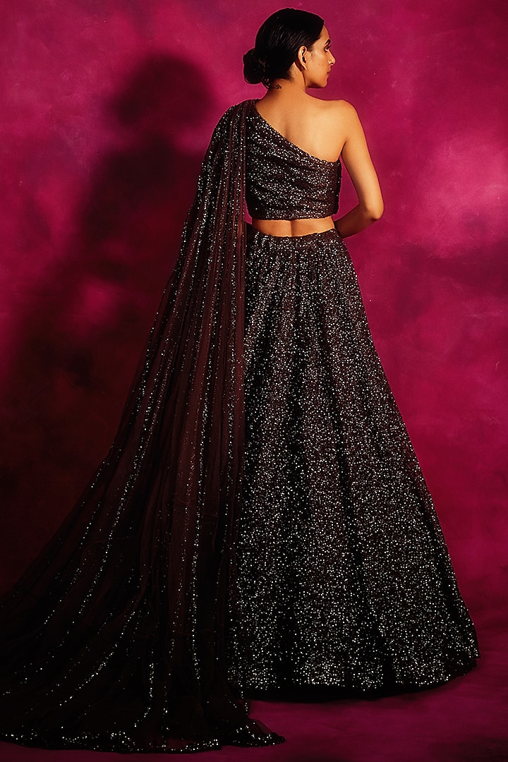 Wine Net Sequins Embroidered Bridal Lehenga Set by Vvani By Vani Vats at Pernia's Pop Up Shop