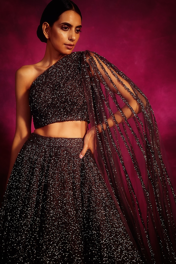 Wine Net Sequins Embroidered Bridal Lehenga Set by Vvani By Vani Vats at Pernia's Pop Up Shop