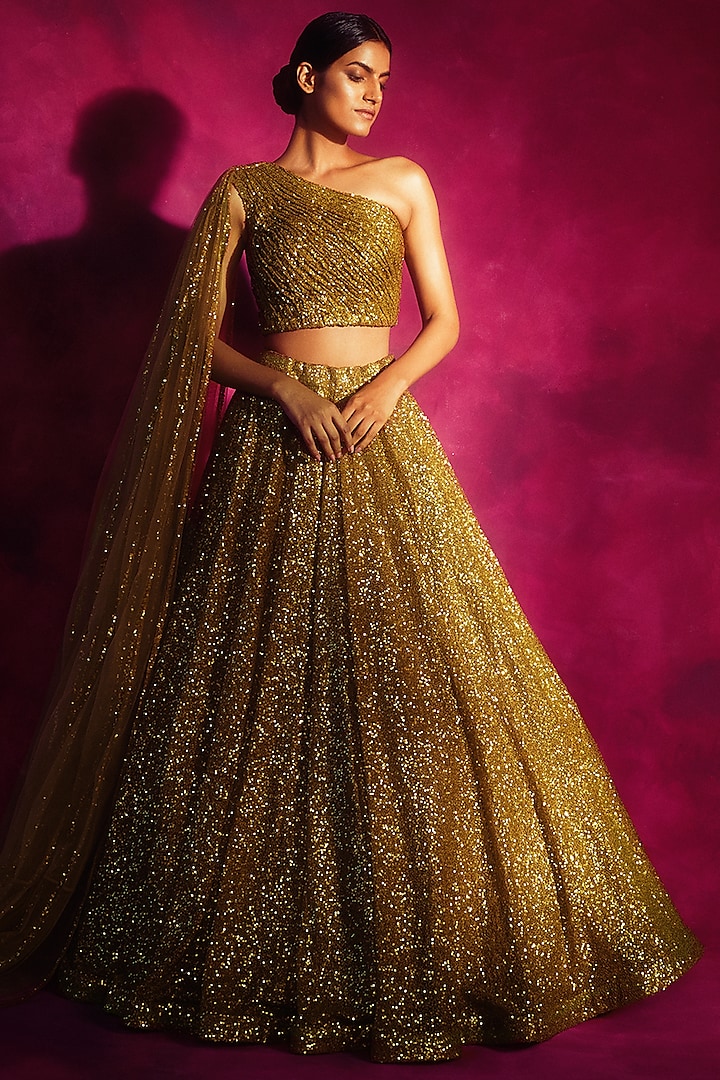 Dull Gold Net Sequins Embroidered Lehenga Set by Vvani By Vani Vats