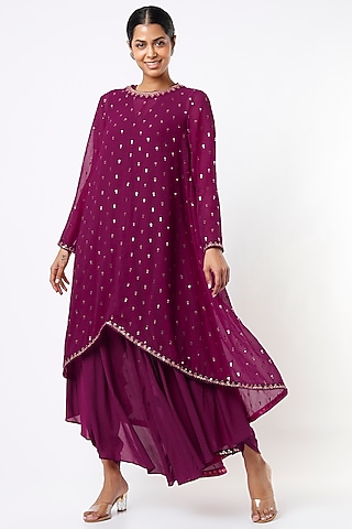Maroon Crepe Dhoti Set by Vvani By Vani Vats
