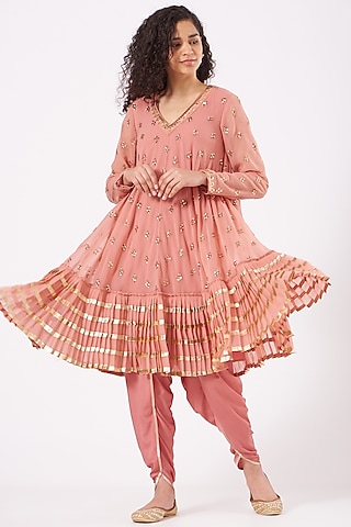 Dull Coral Crepe Dhoti Set by Vvani By Vani Vats