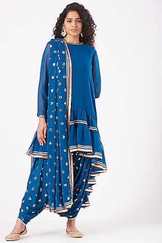 Cobalt Blue Embroidered Dhoti Set by Vvani By Vani Vats