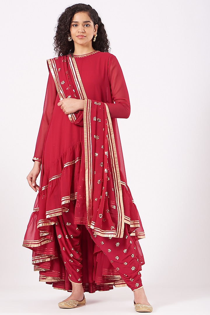 Red Embroidered Dhoti Set by Vvani By Vani Vats