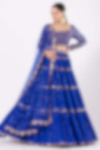 Dark Blue Georgette Hand Embroidered Wedding Lehenga Set by Vvani by Vani Vats at Pernia's Pop Up Shop