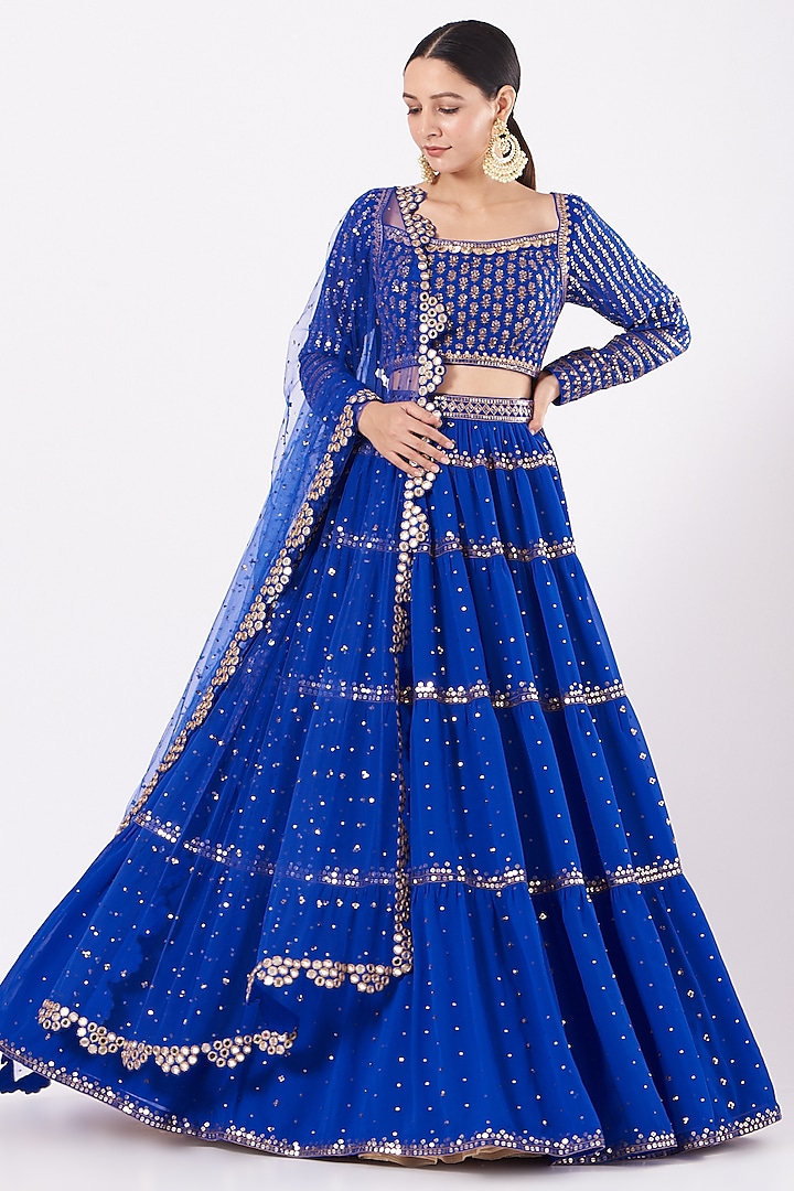 Dark Blue Georgette Hand Embroidered Wedding Lehenga Set By Vvani By