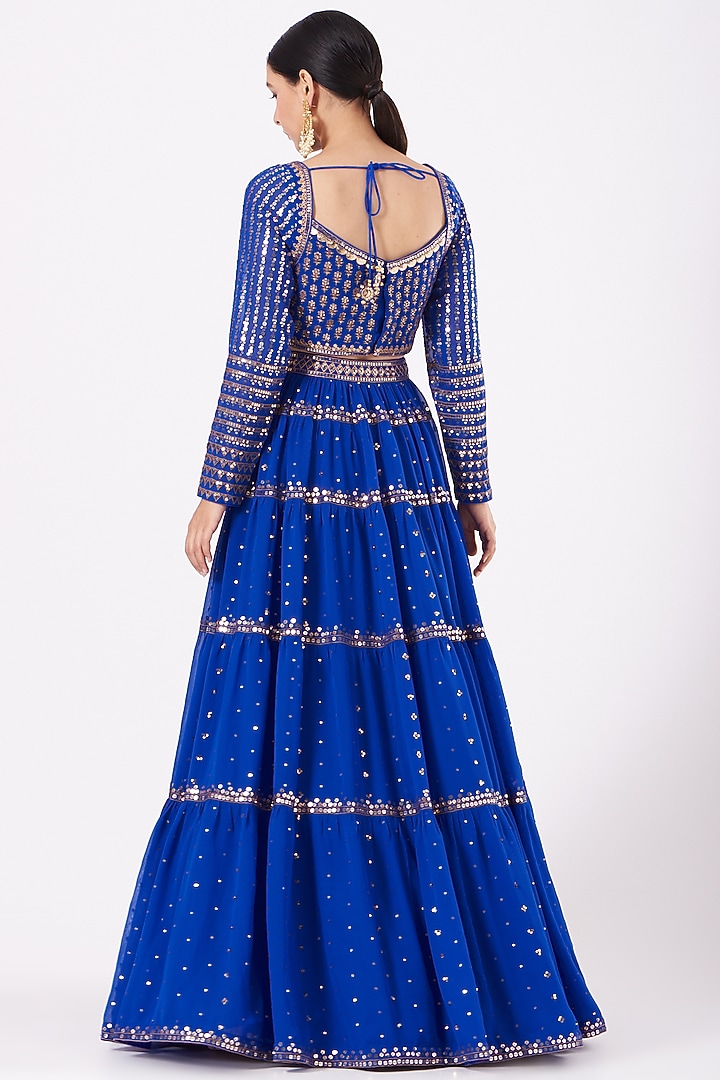 Dark Blue Georgette Hand Embroidered Wedding Lehenga Set by Vvani by Vani Vats at Pernia's Pop Up Shop