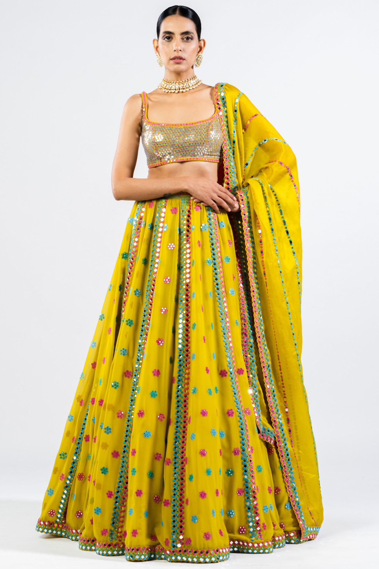 Moss Green Georgette Embellished Lehenga Set by Vvani by Vani Vats