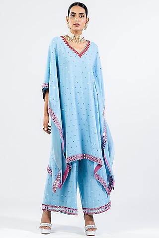 Ice Blue Georgette Embroidered Kaftan Set by Vvani by Vani Vats