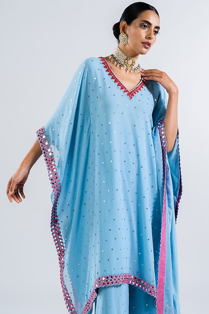 Ice Blue Georgette Embroidered Kaftan Set by Vvani by Vani Vats at Pernia's Pop Up Shop
